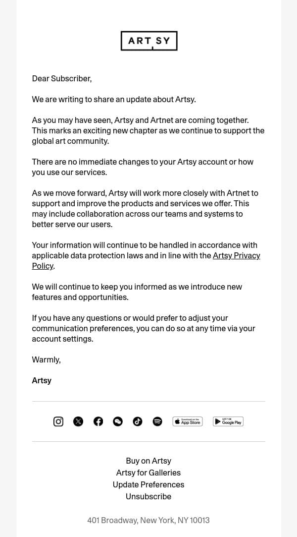 Notice: Artsy and Artnet Update email from Artsy screenshot