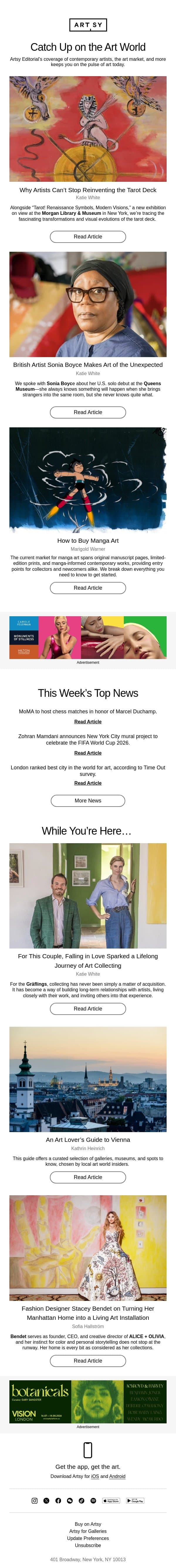Contemporary artists on tarot cards, Sonia Boyce, and more. email from Artsy screenshot