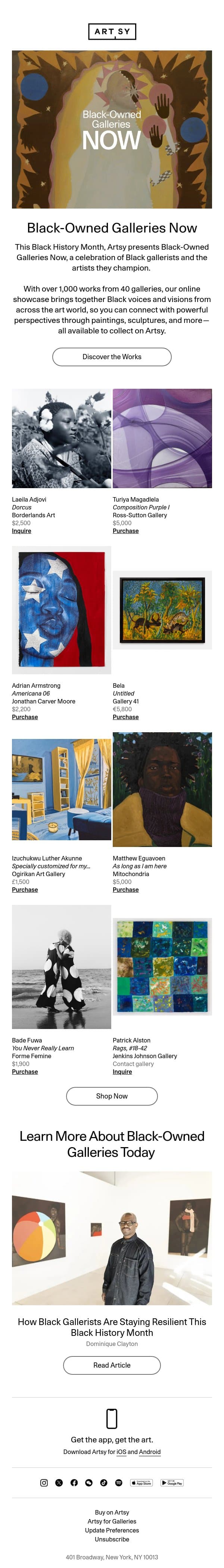 Black-Owned Galleries Now is live email from Artsy screenshot