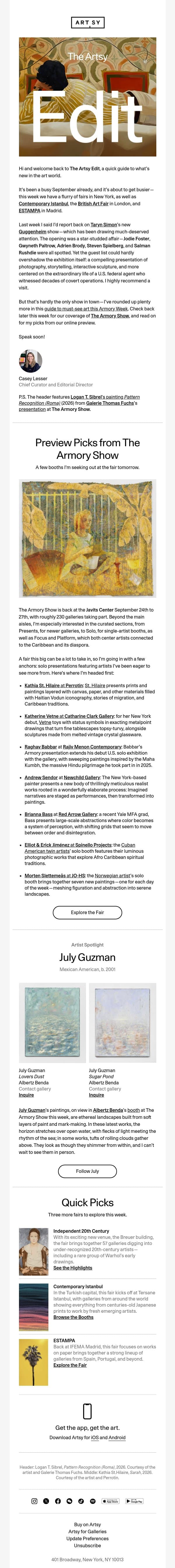 The Artsy Edit | My picks from The Armory Show preview, plus more fairs across the globe email from Artsy screenshot