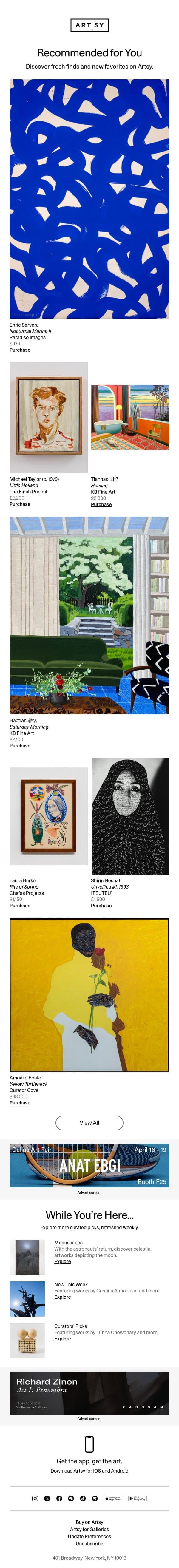 New works for Adam by Enric Servera and more email from Artsy screenshot