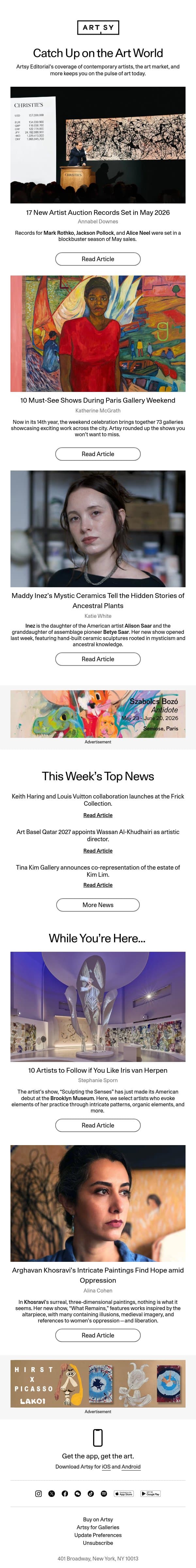 17 New Artist Auction Records Set in May 2026 email from Artsy screenshot