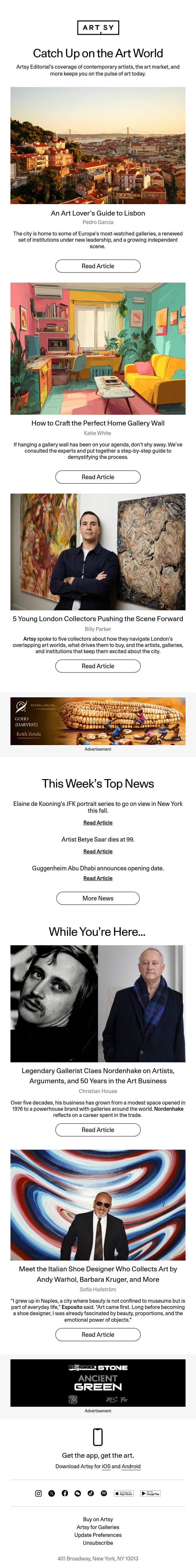 Art highlights in Lisbon, a guide to the perfect gallery wall, and more. email from Artsy screenshot