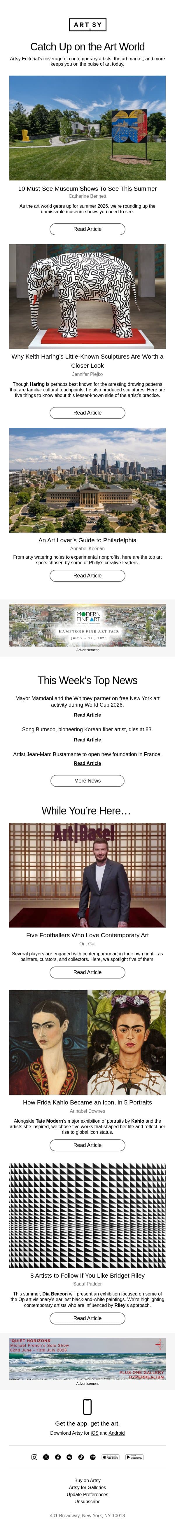 Must-see summer shows, Keith Haring sculptures, and more. email from Artsy screenshot