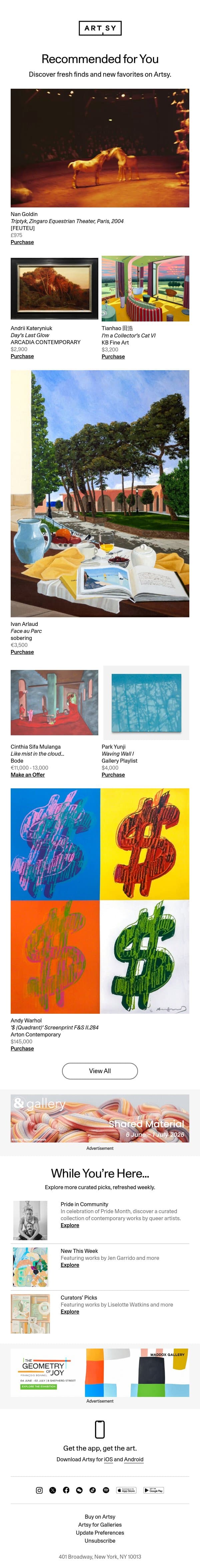 New works for Adam by Nan Goldin and more email from Artsy screenshot