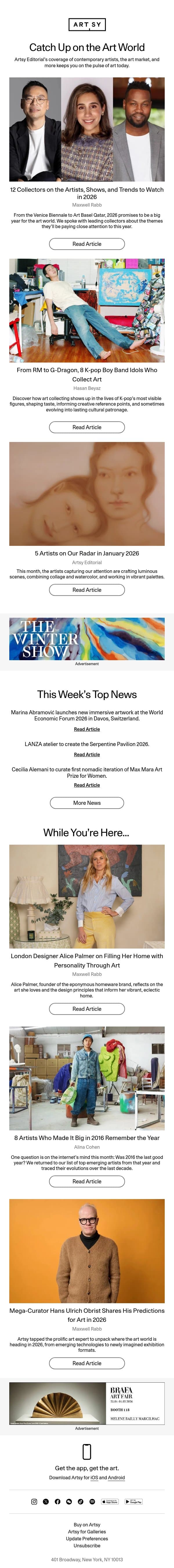 12 Collectors on the Artists, Shows, and Trends to Watch in 2026 email from Artsy screenshot