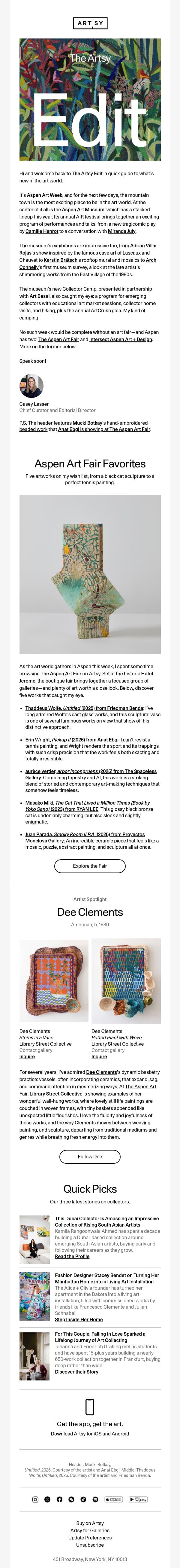 The Artsy Edit | Aspen Art Week picks and new collector stories email from Artsy screenshot