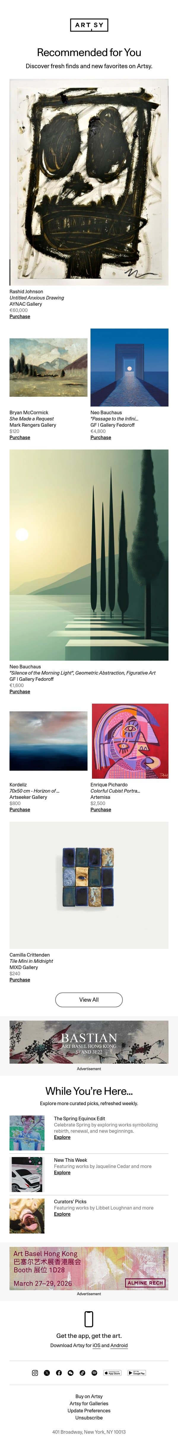 New works for Adam by Rashid Johnson and more email from Artsy screenshot