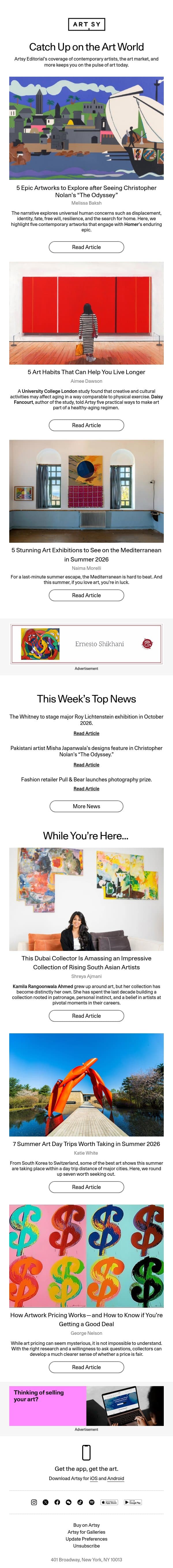 Art inspired by “The Odyssey,” healthy art habits, summer escapes, and more. email from Artsy screenshot