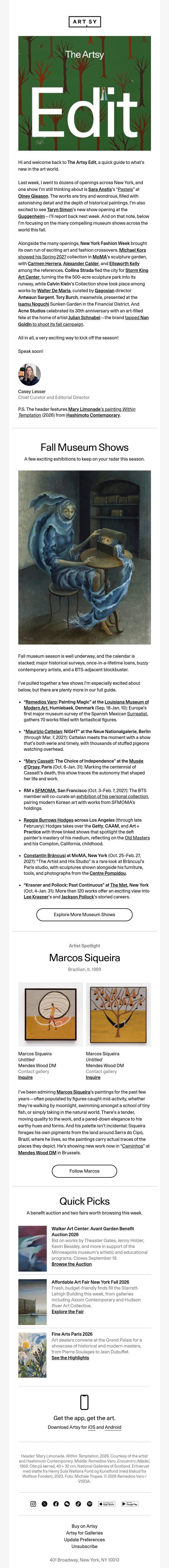 The Artsy Edit | Art, fashion, and major museum shows email from Artsy screenshot