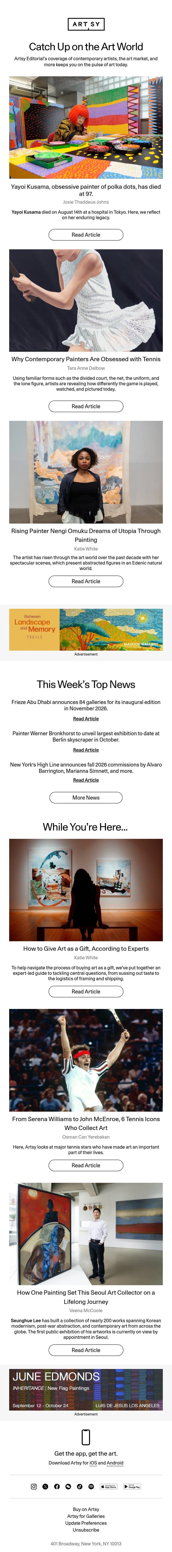 Yayoi Kusama, artists painting tennis, and more. email from Artsy screenshot