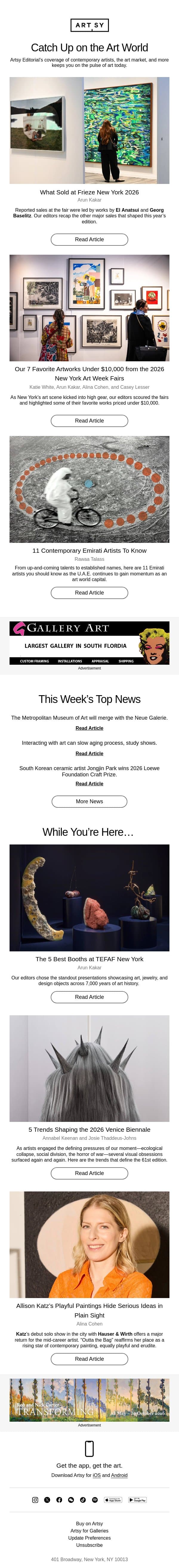 What Sold at Frieze New York 2026 email from Artsy screenshot
