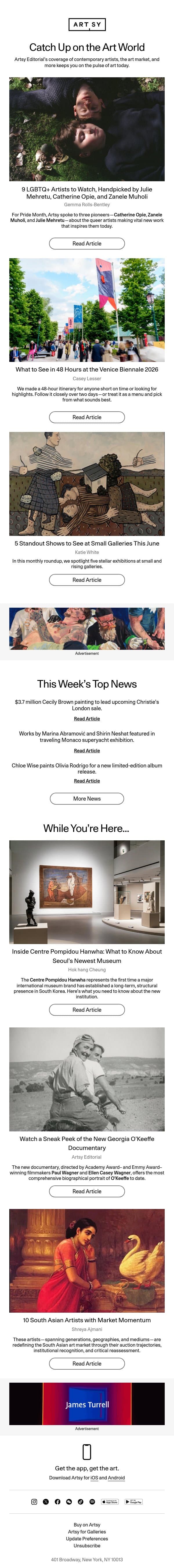 9 LGBTQ+ Artists to Watch, the Venice Biennale in 48 hours, and more. email from Artsy screenshot