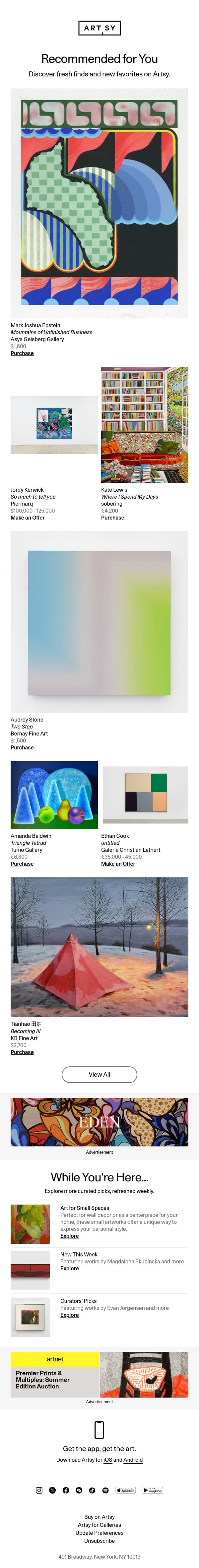 New works for Adam by Mark Joshua Epstein and more email from Artsy screenshot