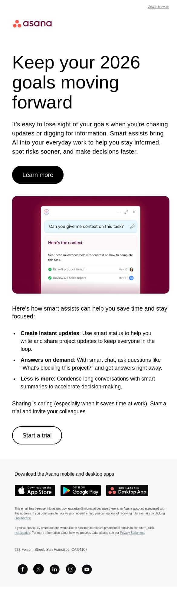 Make faster progress on 2026 goals email from Asana screenshot