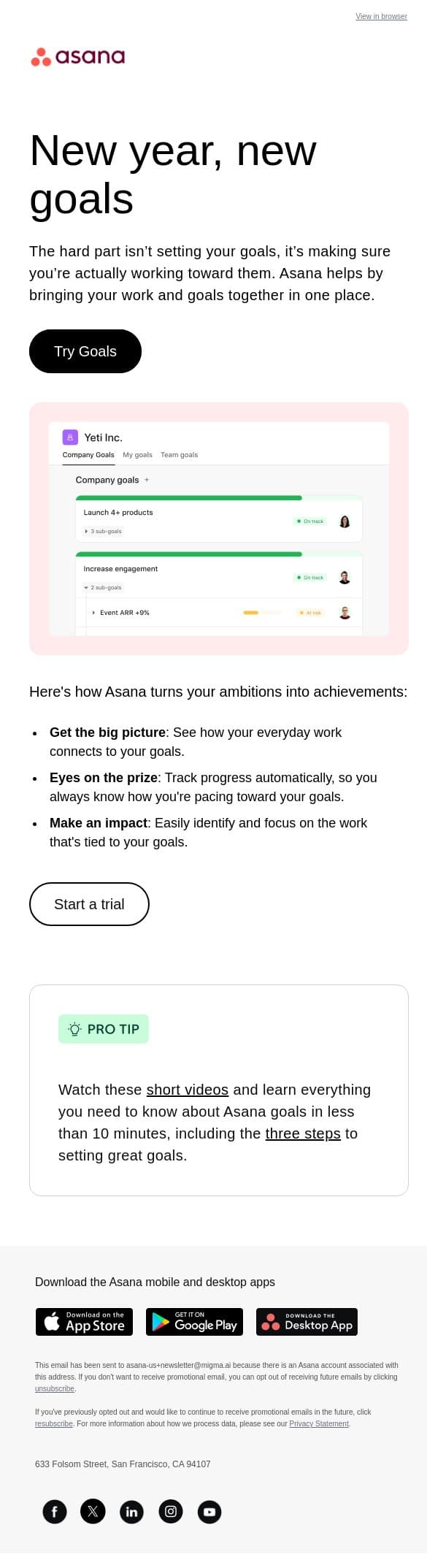 How to set (and achieve!) your goals this year email from Asana screenshot