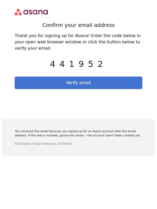 Asana confirmation code: 441952 email from Asana screenshot