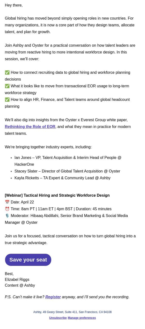 [Webinar Invite] Tactical Hiring and Strategic Workforce Design email from Ashby screenshot