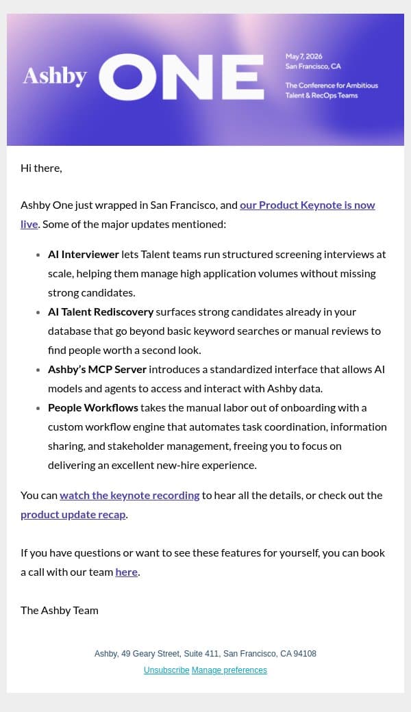 Ashby One Recap - AI features, People Workflows, and more email from Ashby screenshot