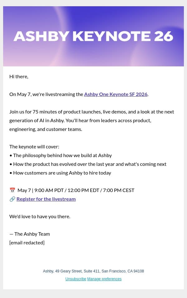 Ashby’s 2026 Product Keynote: Watch it Live email from Ashby screenshot