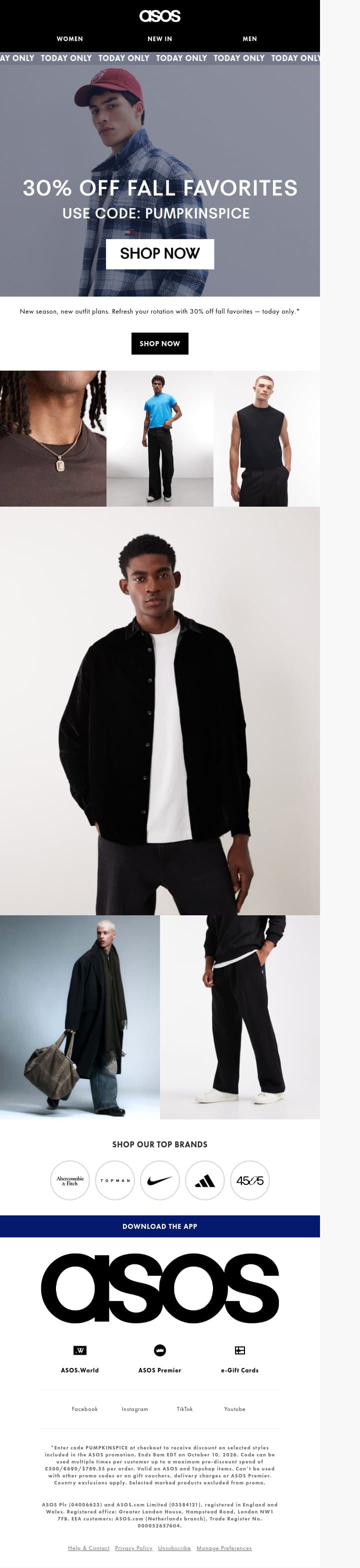 Today only: 30% off fall favorites 🍂 email from ASOS screenshot