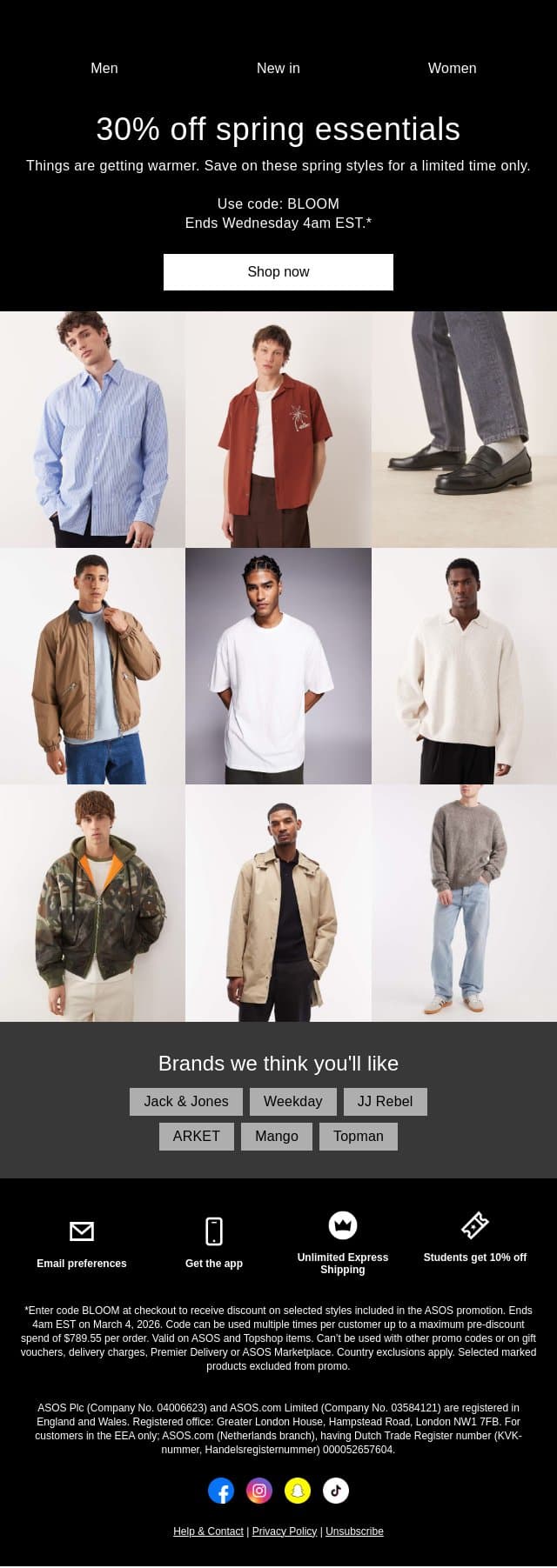 30% off spring essentials email from ASOS screenshot