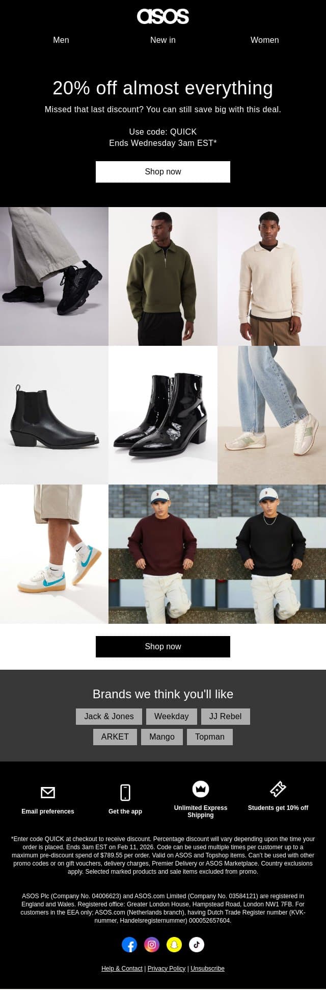 Last chance! 20% off almost everything email from ASOS screenshot