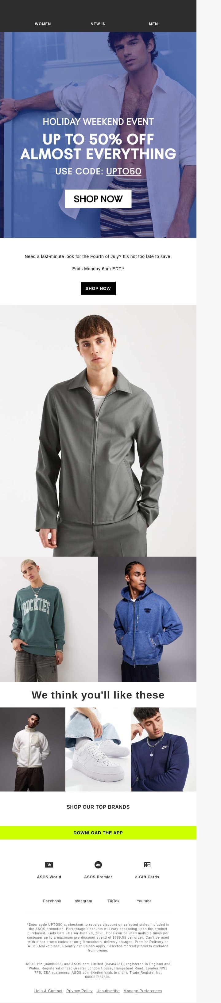 Up to 50% off almost everything email from ASOS screenshot