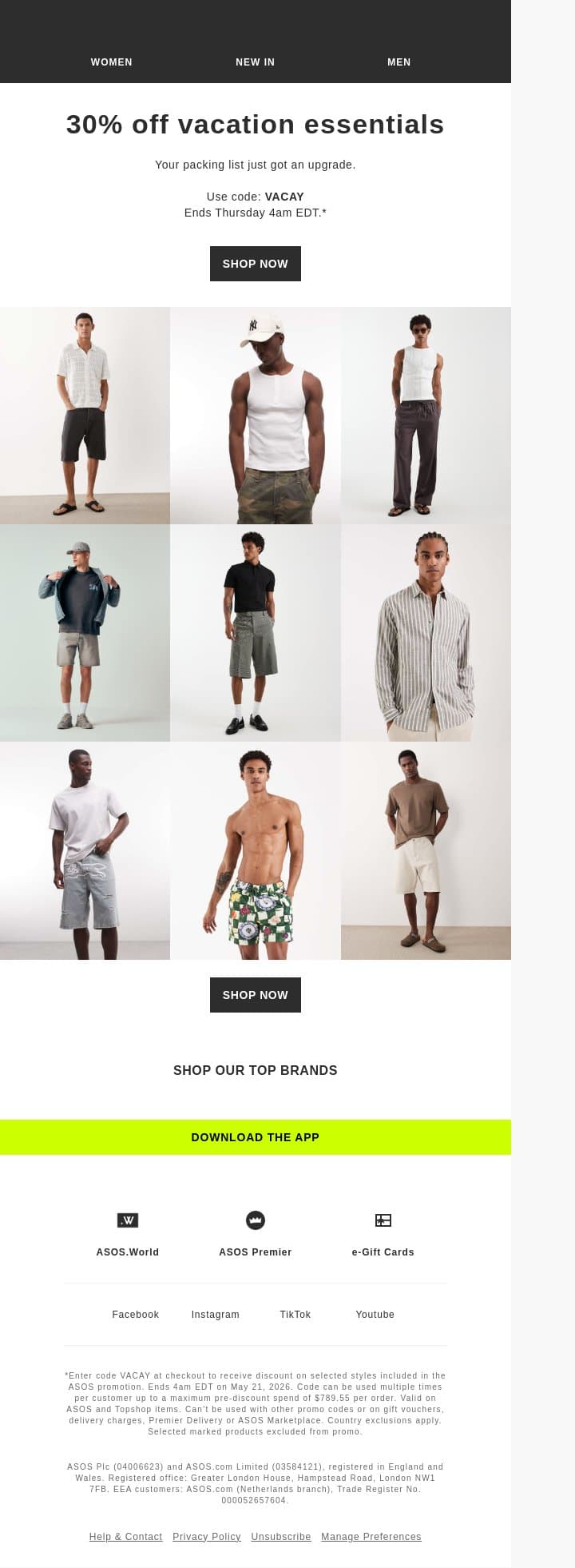 30% off vacation essentials email from ASOS screenshot