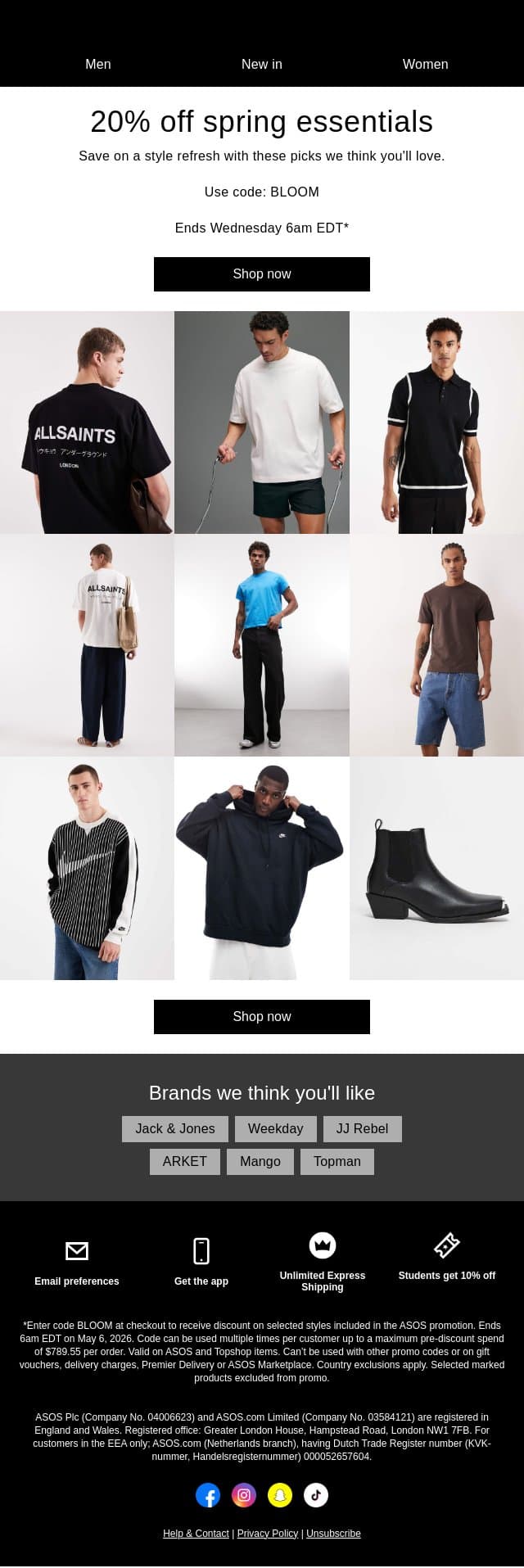 20% off spring essentials email from ASOS screenshot