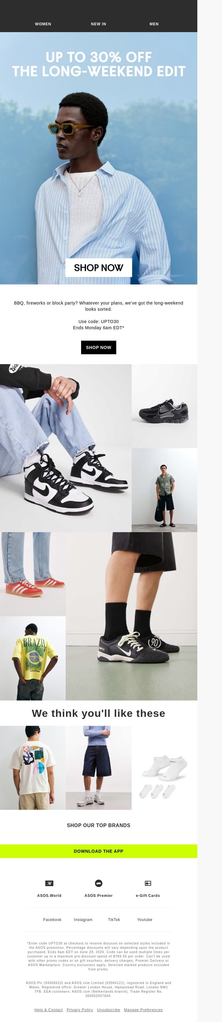 Up to 30% off the long-weekend edit email from ASOS screenshot