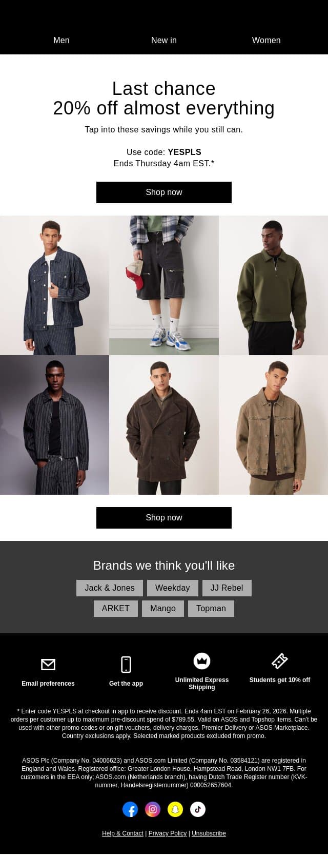Last chance: 20% off almost everything email from ASOS screenshot
