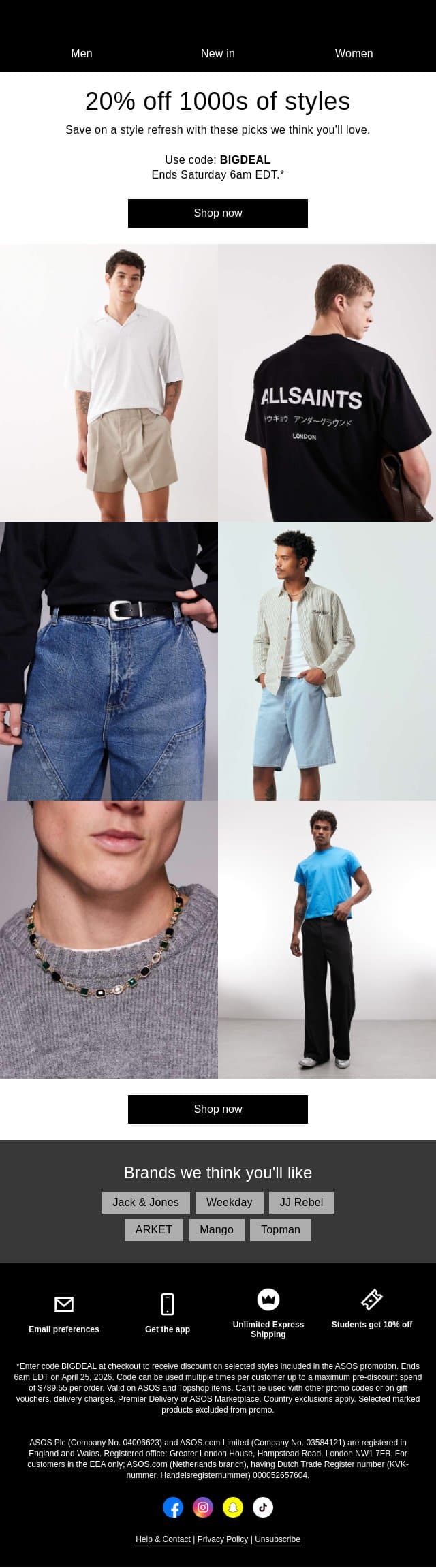 20% off 1000s of styles email from ASOS screenshot