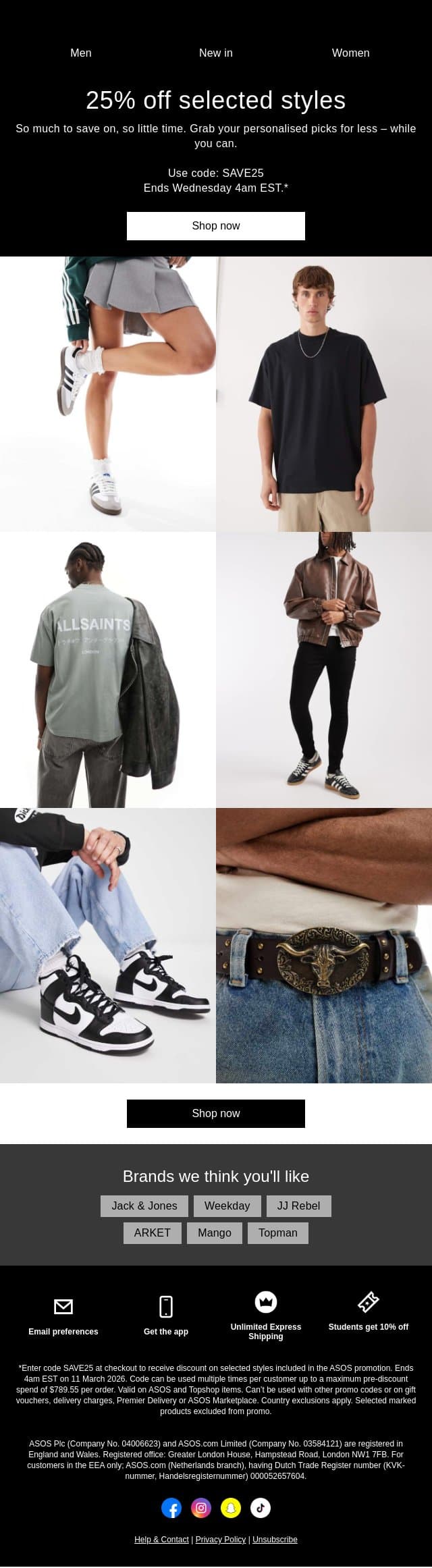 25% off selected styles email from ASOS screenshot