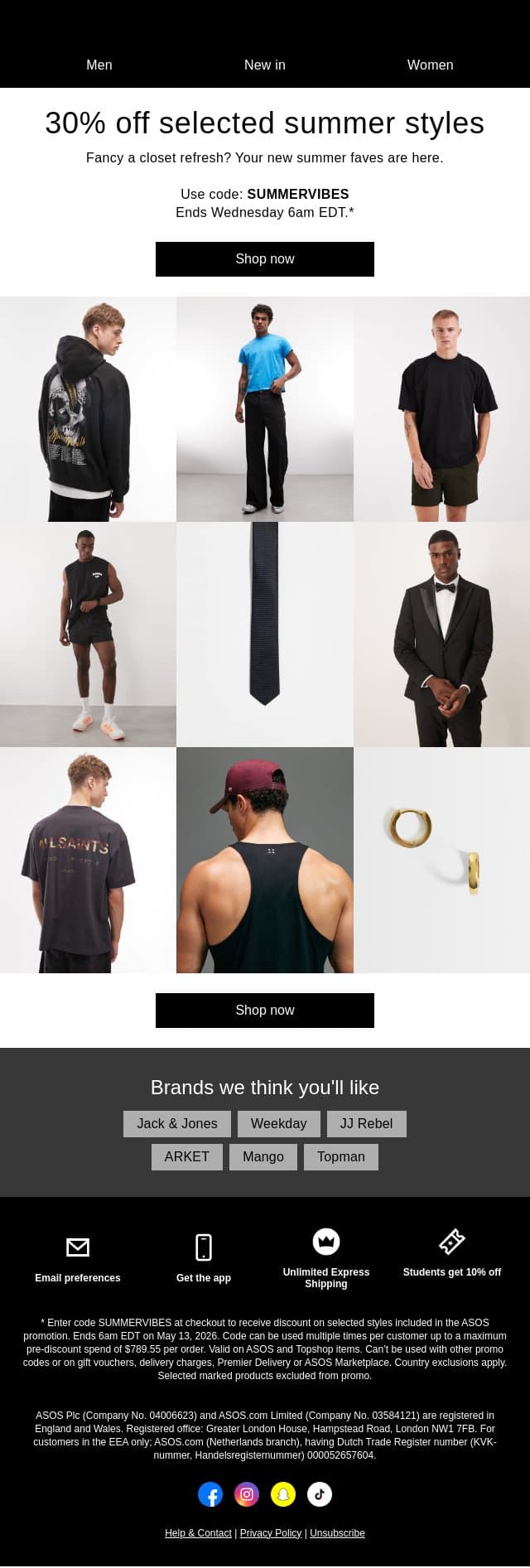 30% off selected summer styles email from ASOS screenshot