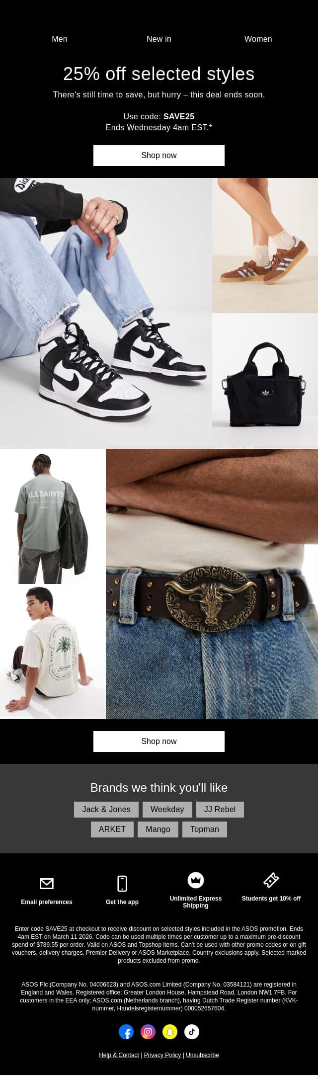 Hurry! 25% off selected styles ends soon email from ASOS screenshot