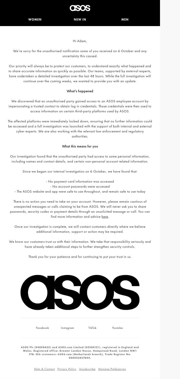 An update on the unauthorised ASOS notification email from ASOS screenshot