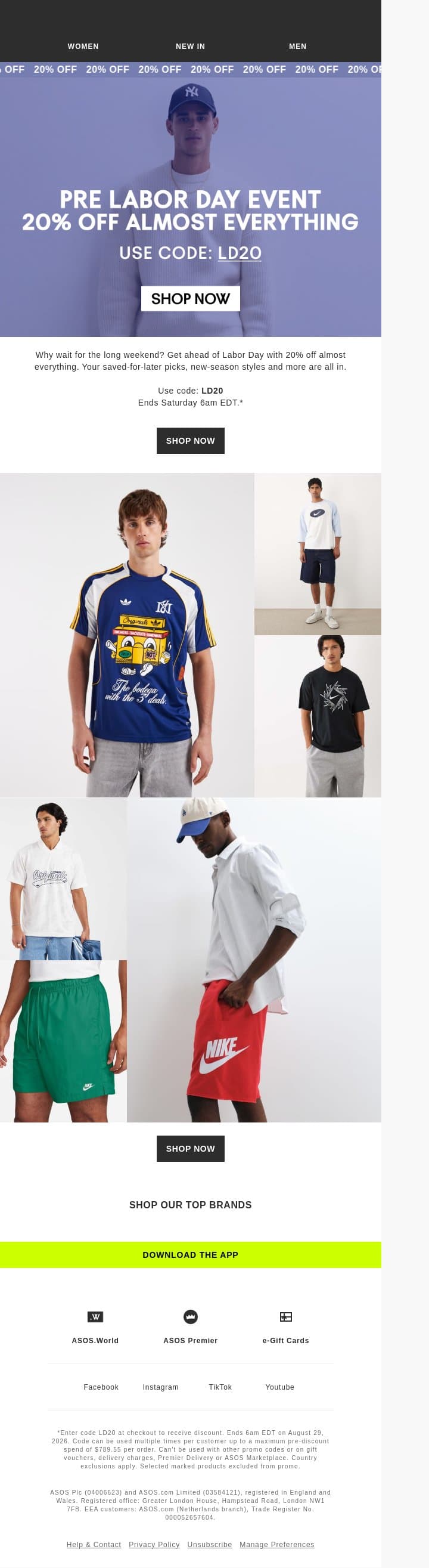 Labor Day starts early 👀 20% off almost everything email from ASOS screenshot