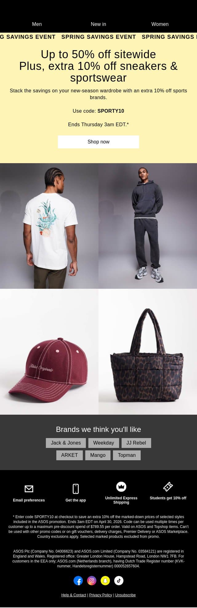 Spring savings event: extra 10% off sports brands email from ASOS screenshot