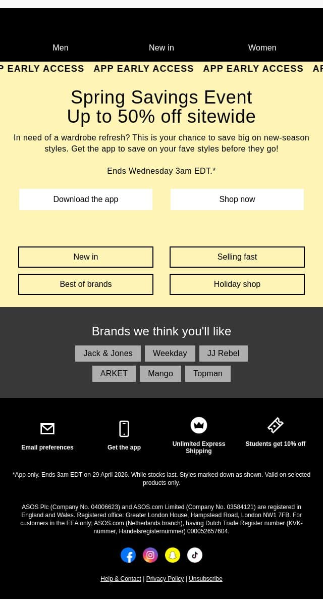App exclusive: up to 50% off sitewide email from ASOS screenshot