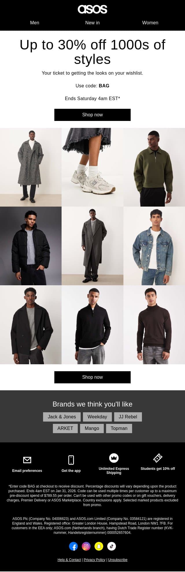 Up to 30% off 1000s of styles email from ASOS screenshot