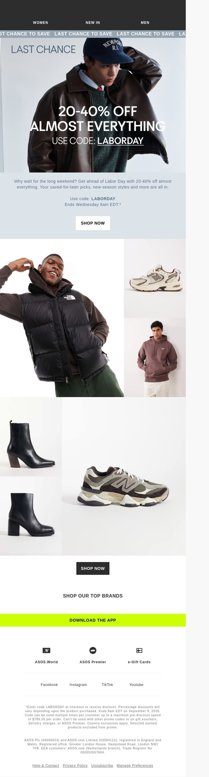 Last chance: 20-40% off almost everything 🚨 email from ASOS screenshot