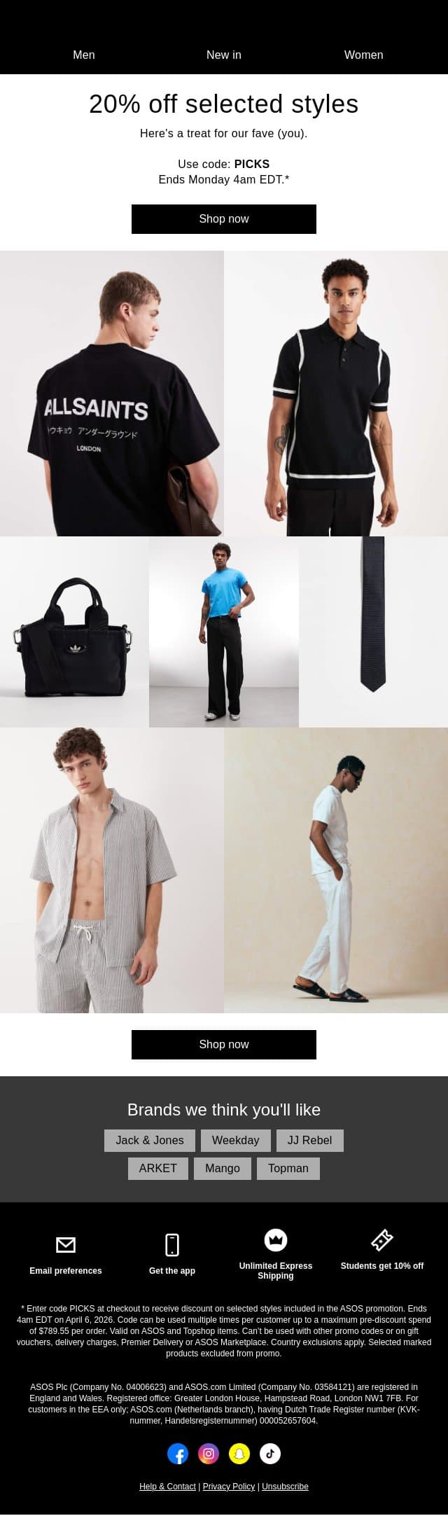 20% off selected styles email from ASOS screenshot