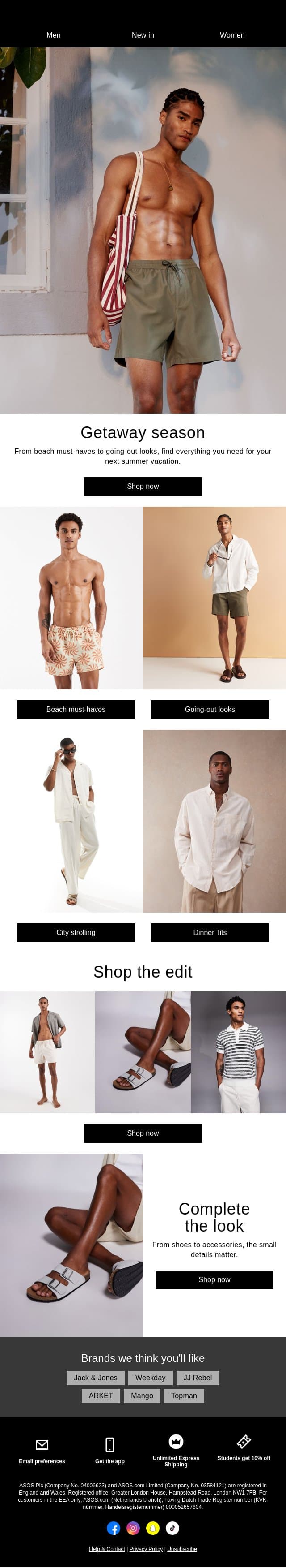 It's time for a getaway email from ASOS screenshot