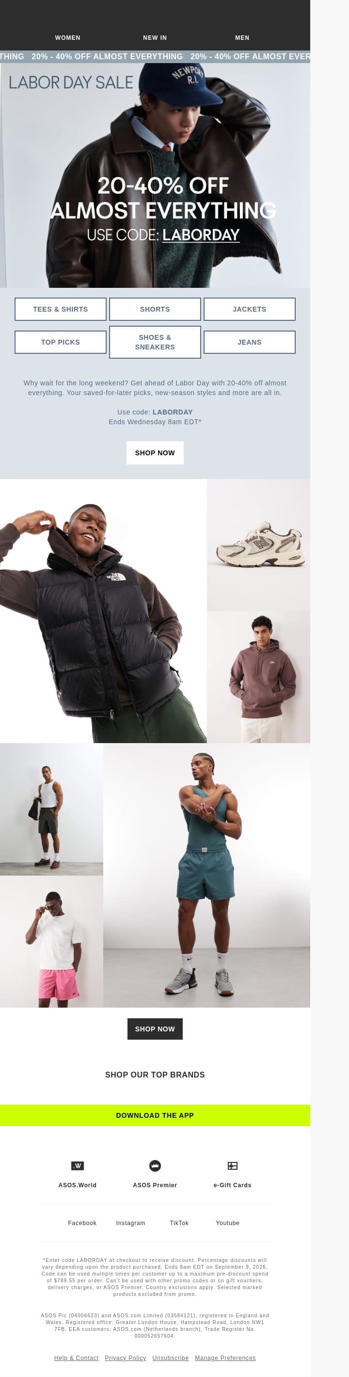 Labor Day Sale: 20-40% off almost everything email from ASOS screenshot