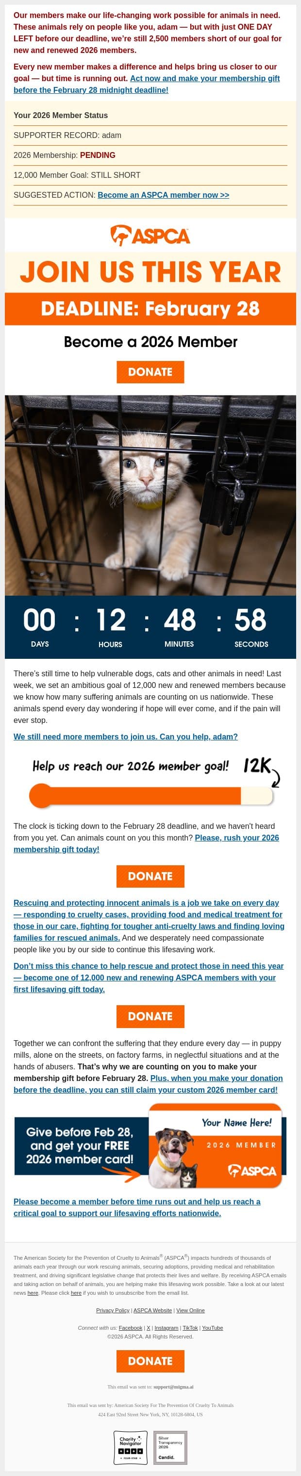 [Response Still Needed]: Your 2026 Member Status email from ASPCA screenshot