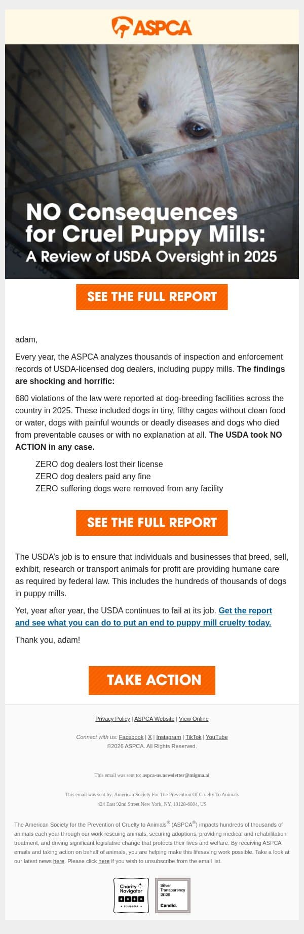 They’re Getting Away with Cruelty [REPORT] email from ASPCA screenshot