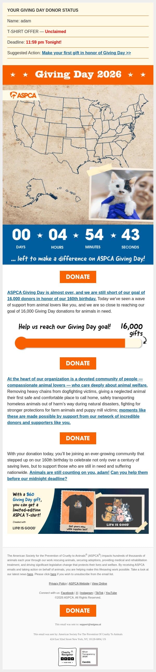 MIDNIGHT DEADLINE: Giving Day Is Almost Over! email from ASPCA screenshot