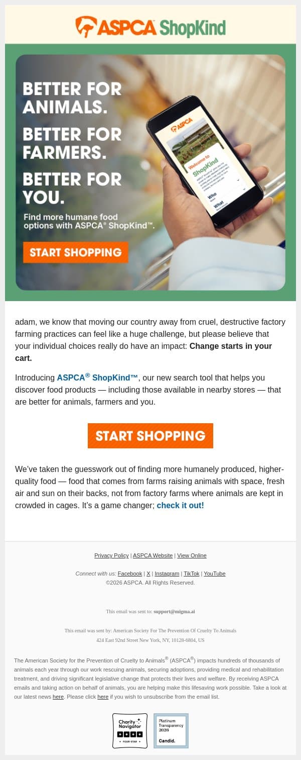 Just In: A Map of More Humane Food Near You email from ASPCA screenshot