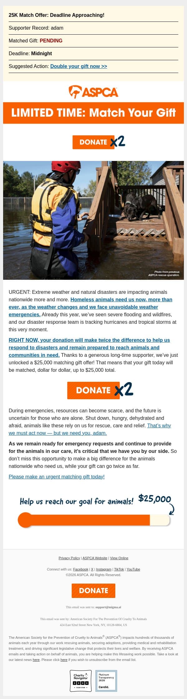 One last chance to match your gift! email from ASPCA screenshot